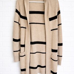Beige and Black Striped Women's Cardigan with hood and pockets